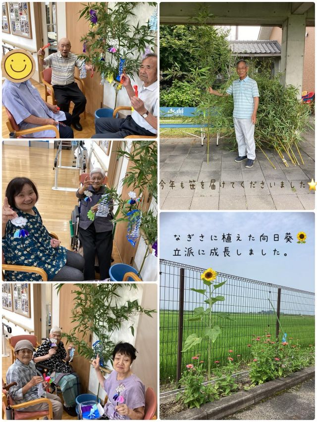 いつもいいね👍ありがとうございます😊
デイサービスセンターなぎさです。
今月は7月七夕です🎋
以前なぎさに勤めていた方からのご厚意で、今年も笹をいただきました‼️

利用者様と花飾りを作り、短冊に願い事を書いてお願い事をしました⭐️
『健康で過ごせますように』『一年一年を無事に』
など様々な願い事がありました。

ハサミ✂️で短冊を切ったり、こよりで結んだり、器用に指先を使うことで脳の活性化、維持、向上にも繋がります。
季節行事の活動は季節感を感じ、時間感覚の記憶を取り戻すなど良い効果があると言われています😊

✨✨✨✨✨⭐️⭐️⭐️⭐️⭐️✨✨🌟🌟🌟🌟✨
織姫と彦星のように、なぎさとより多くのご利用者様との出会いが持てますように✨✨✨✨✨✨✨✨✨