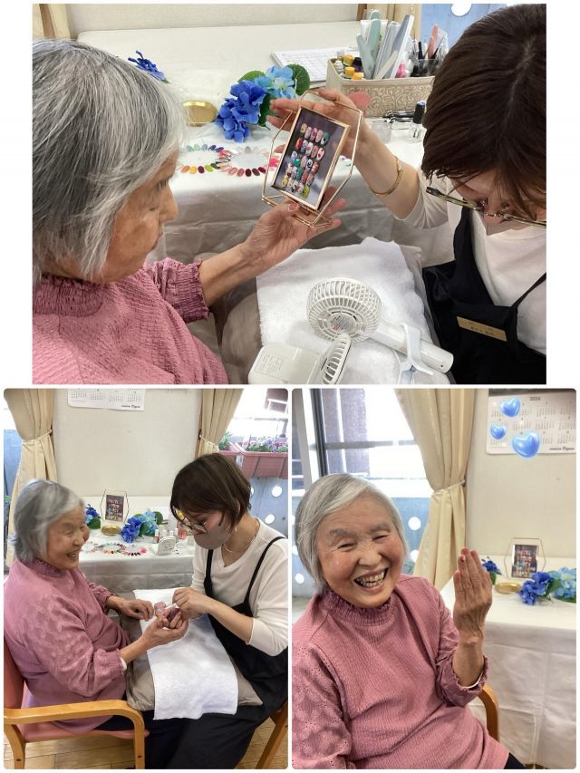 【訪問ケアネイル💅✨】
先日、グループホームなぎさに「訪問ケアネイルLian」様にお越しいただきました😊

色を選ぶ時間から皆さま笑顔が見られ、ネイル💅を仕上げてもらうたびに
「キレイやなぁ✨」
「気分が明るくなる！」
と嬉しい声がたくさん聞かれました🌸

爪を整え、おしゃれを楽しむことは、心の安定や生活の質の向上にもつながります。
いつもと少し違う特別な時間に、自然と会話も弾み、たくさんの笑顔があふれていました😊

これからも“自分らしく過ごせる楽しみ”を大切にしていきたいと思います🌿

#グループホームなぎさ
#ケアネイル
#訪問ケアネイル
#Lian
#高齢者施設
介護施設
ネイルケア
笑顔の時間
生活の質向上
心の安定
おしゃれを楽しむ
滋賀介護
グループホーム
高齢者の暮らし
笑顔あふれる毎